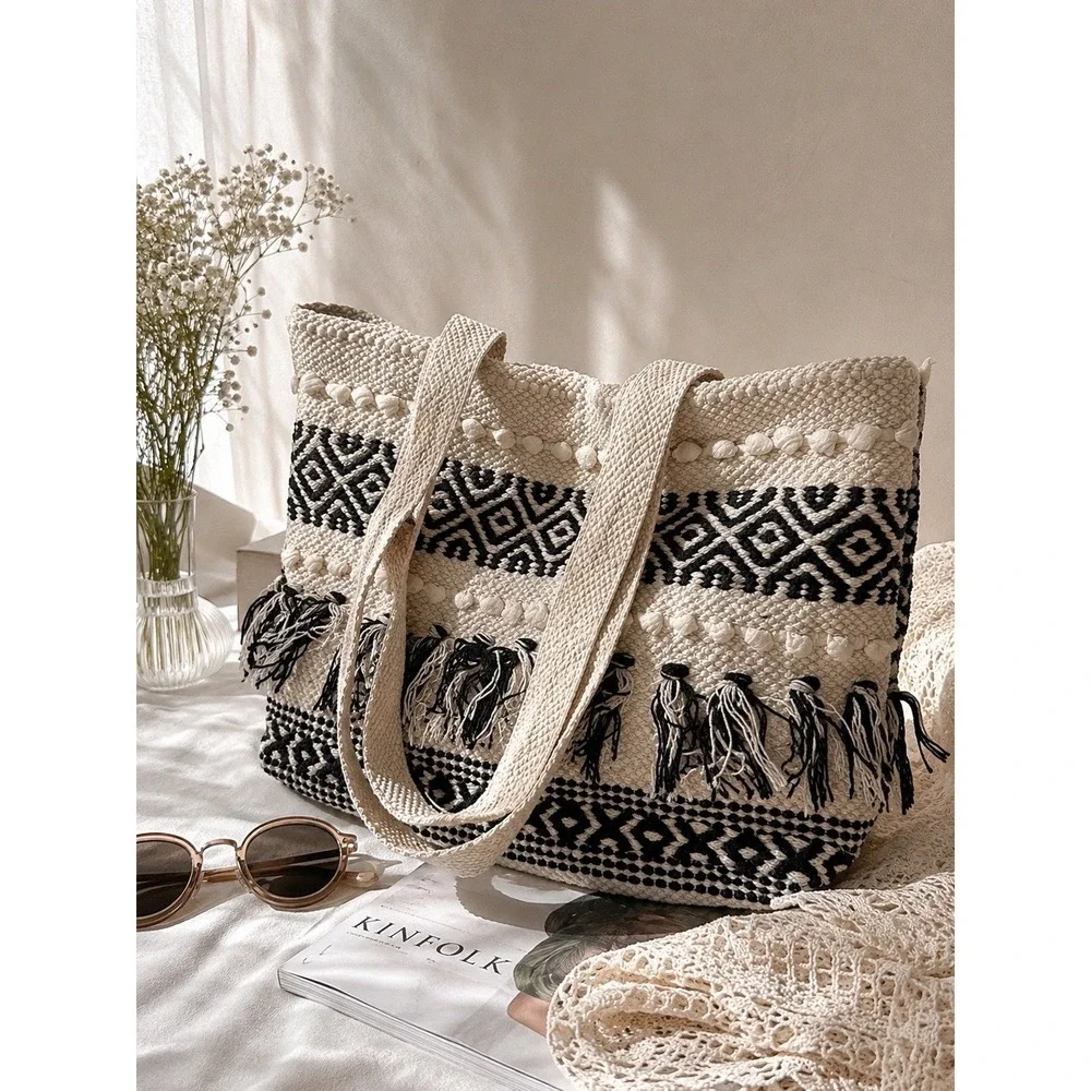 Raj Woven Geometric Tassel Tote Bag Black Cream Boho Pom Pom XL Large‎ NEW